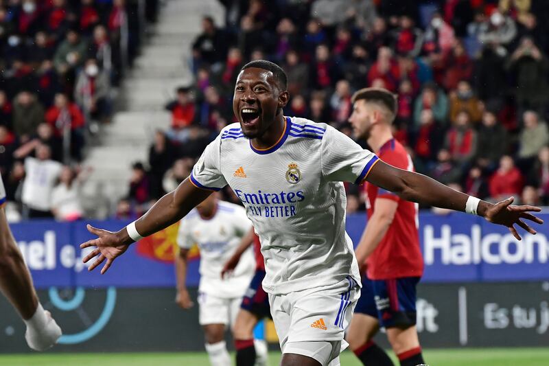 David Alaba celebrates after scoring Real Madid's opening goal against Osasuna. AP