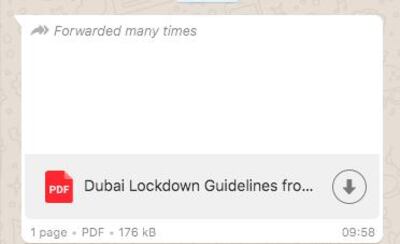 A new set of fake 'Dubai lockdown guidelines' are circulating on Whatsapp. Screenshot