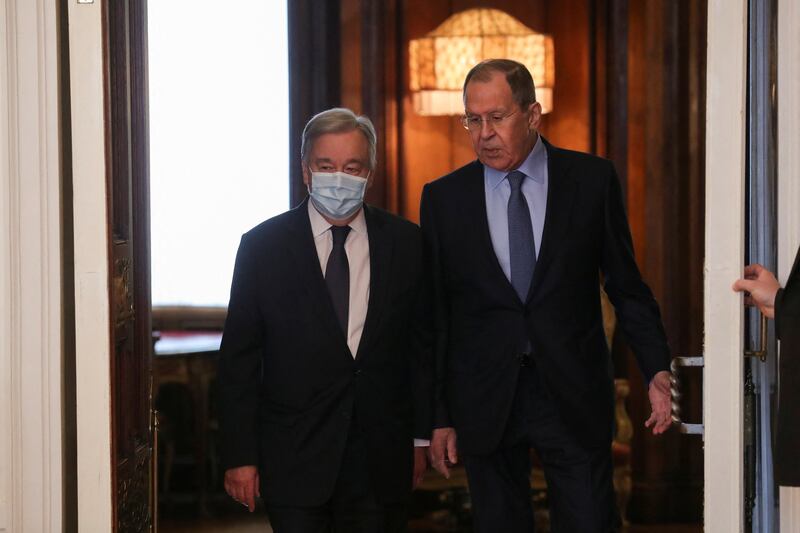 UN Secretary General Antonio Guterres meets Russian Foreign Minister Sergei Lavrov in Moscow on Tuesday. Reuters