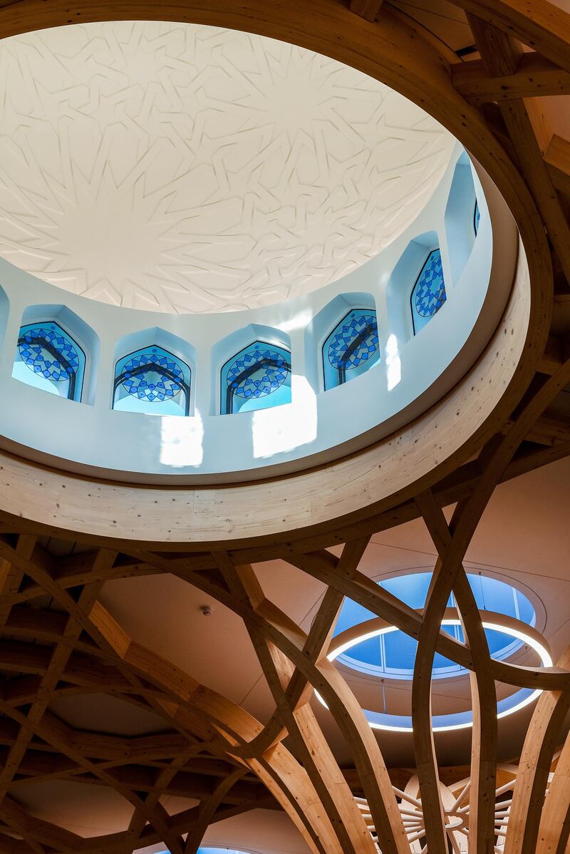The mosque ceiling is propped up by sustainable timber ‘trees’.