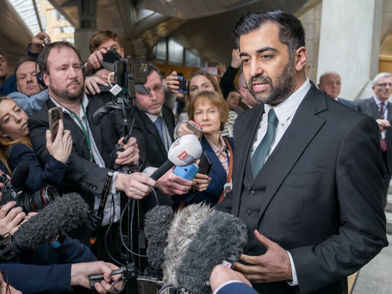 Humza Yousaf speaks to the media after being voted the new First Minister at the Scottish Parliament in Edinburgh. PA