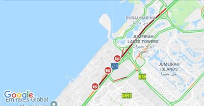 Tailbacks between Ibn Battuta Mall and Dubai Marina on Sheikh Zayed Road cause 30 minute delays to motorists travelling towards Abu Dhabi. Courtesy Google 