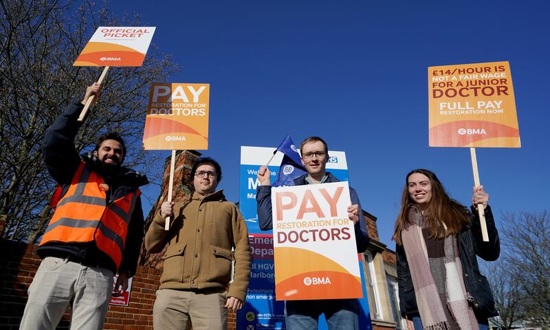 Striking NHS junior doctors on the picket line outside the Medway Maritime Hospital in Gillingham, Kent. Junior doctors across England begin a four-day strike in a dispute over pay. PA