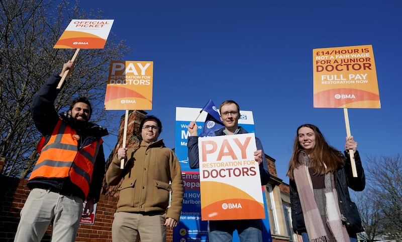 Striking NHS junior doctors on the picket line outside the Medway Maritime Hospital in Gillingham, Kent. Junior doctors across England begin a four-day strike in a dispute over pay. PA