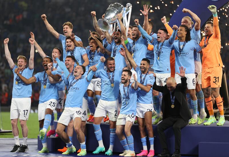 Ilkay Guendogan of Manchester City lifts the UEFA Champions League trophy after the team's victory during the UEFA Champions League 2022/23 final match between FC Internazionale and Manchester City FC at Atatuerk Olympic Stadium. Getty Images