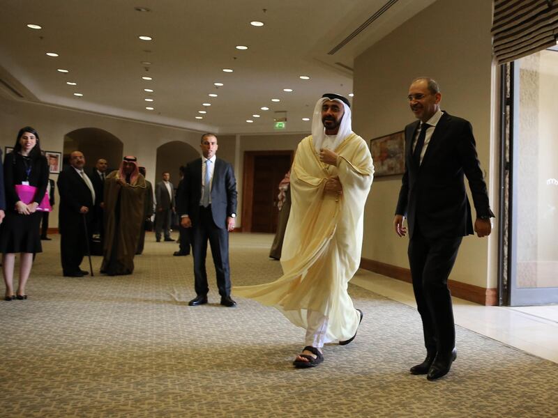 Sheikh Abdullah with his Jordanian counterpart Ayman Safadi at the King Hussein Convention Centre where the foreign ministers of six Arab countries met on January 31, 2019 to discuss regional concerns. EPA