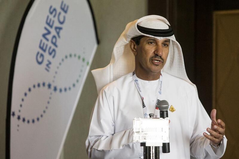 Dr Mohammed Al Ahbabi, director general of the UAE Space Agency, speaks during the finals for the Genes in Space competition. Christopher Pike / The National