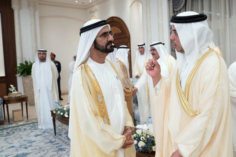 ABU DHABI, UNITED ARAB EMIRATES - August 21, 2018: HH Sheikh Mohamed bin Rashid Al Maktoum, Vice-President, Prime Minister of the UAE, Ruler of Dubai and Minister of Defence (L) and HH Sheikh Mansour bin Zayed Al Nahyan, UAE Deputy Prime Minister and Minister of Presidential Affairs (R) attend an Eid Al Adha reception at Mushrif Palace.

( Mohamed Al Hammadi / Crown Prince Court - Abu Dhabi )
---