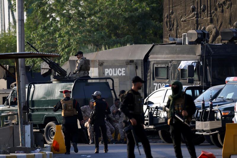 Iraq's Popular Mobilisation Forces (PMF) control one of the entrances to the Green Zone in Baghdad,Iraq May 26, 2021. REUTERS/Thaier Al-Sudani