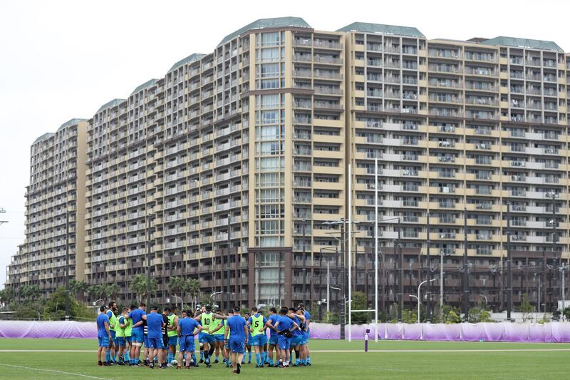 The All Blacks squad huddle during a Rugby World Cup training session at Arcs Urayasu Park on October 08. Getty