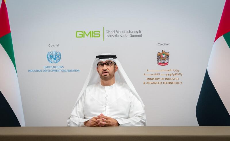 Dr Sultan Al Jaber said the UAE would tap 'breakthrough technology' to enhance industrial performance and enable better integration among sectors. Courtesy GMIS