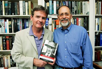 Authors Kai Bird, left, and Martin J Sherwin with their book, American Prometheus, which inspired the film Oppenheimer. AP