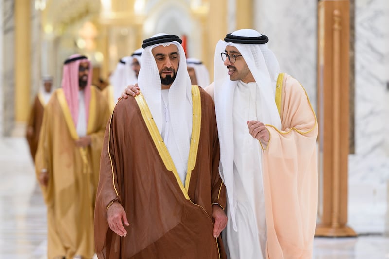 Sheikh Saif bin Zayed, Deputy Prime Minister and Minister of Interior, and Sheikh Abdullah bin Zayed, Minister of Foreign Affairs, at Qasr Al Watan. Abdulla Al Neyadi / UAE Presidential Court