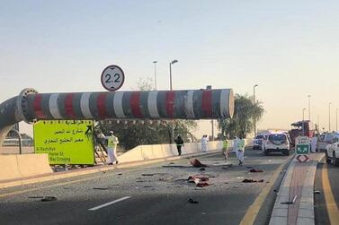 The maximum-height sign in Dubai that was struck by the bus. Seventeen passengers died in the tragedy. The National 