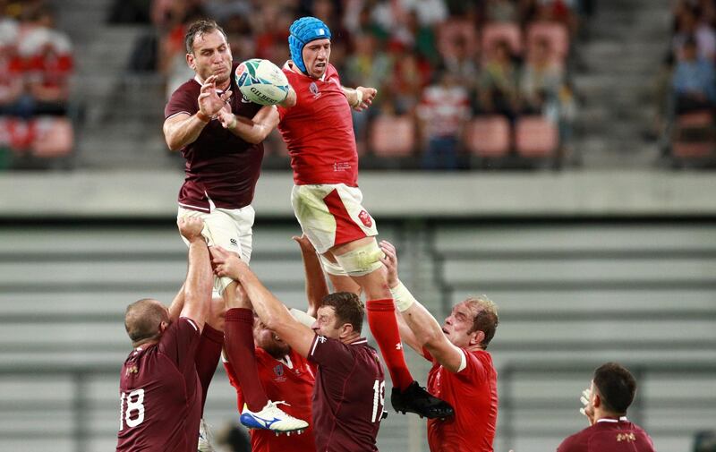 Giorgi Nemsadze of Georgia and Wales' Justin Tipuric  compete at the line out. Getty