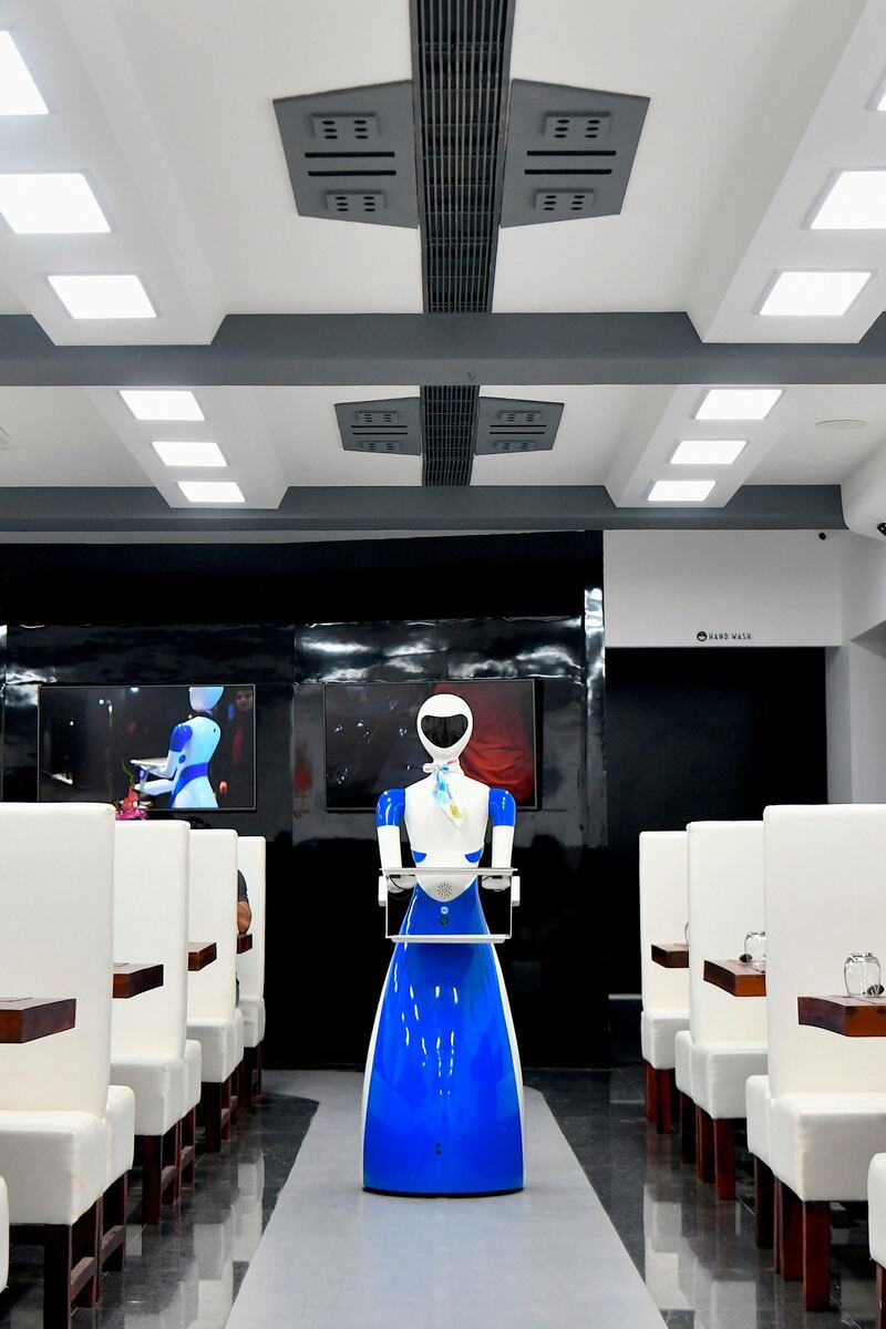 A service robot moves along the dining area on the official opening day of the Robot restaurant in Bangalore on August 17, 2019. The restaurant has introduced five robots to interact and serve its customers food. Photo: AFP / Manjunath Kiran