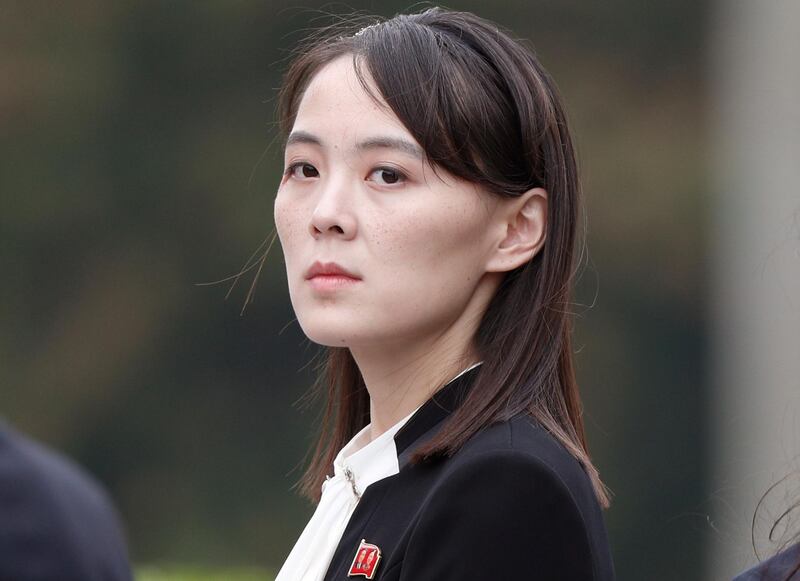 FILE - In this March 2, 2019, file photo, Kim Yo Jong, sister of North Korea's leader Kim Jong Un attends a wreath-laying ceremony at Ho Chi Minh Mausoleum in Hanoi, Vietnam. North Korea's state media on Tuesday, June 4,  showed Kim Yo Jong clapping aside her brother, his wife and other top officials at Pyongyang's 150,000-seat May Day Stadium where thousands of gymnasts, dancers and flip-card-wielding crowds in the stands worked in precise unison to perform "The Land of the People." (Jorge Silva/Pool Photo via AP, File)