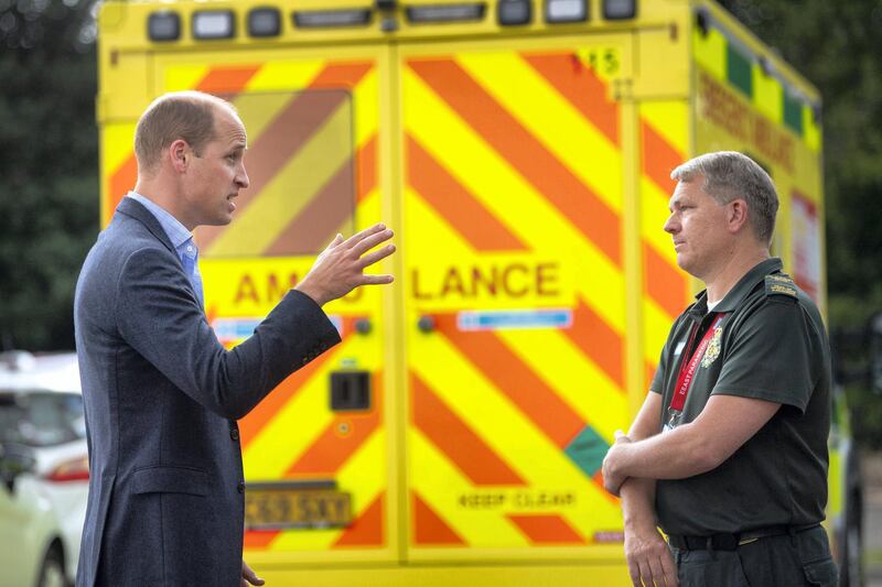 KING'S LYNN, ENGLAND - JUNE 16: Prince William, Duke of Cambridge meets paramedic staff, maintaining social distancing, from the East of England Ambulance Service Trust during a visit to the Ambulance Station on June 16, 2020 in King's Lynn, England. The purpose of the visit was to thank staff from the East of England Ambulance Service Trust for their work and dedication responding to the COVID-19 outbreak. (Photo by Victoria Jones-WPA Pool/Getty Images)