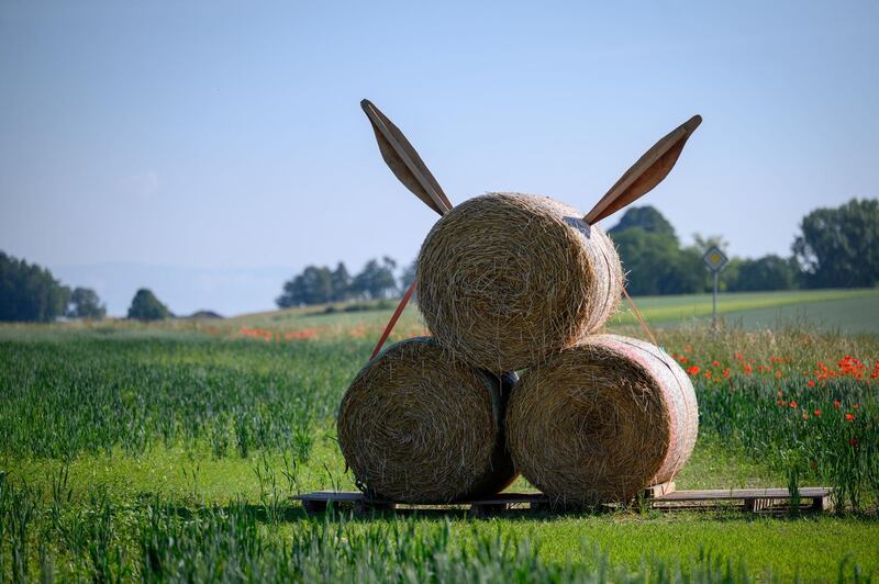 A rabbit figure made from bales of hay is seen from behind at the entrance of a village in Cottens, Switzerland. AFP