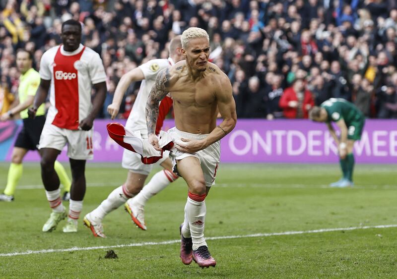 Ajax's Antony celebrates after the scoring in the Eredivisie match against Feyenoord in Amsterdam, in March, 2022. AFP