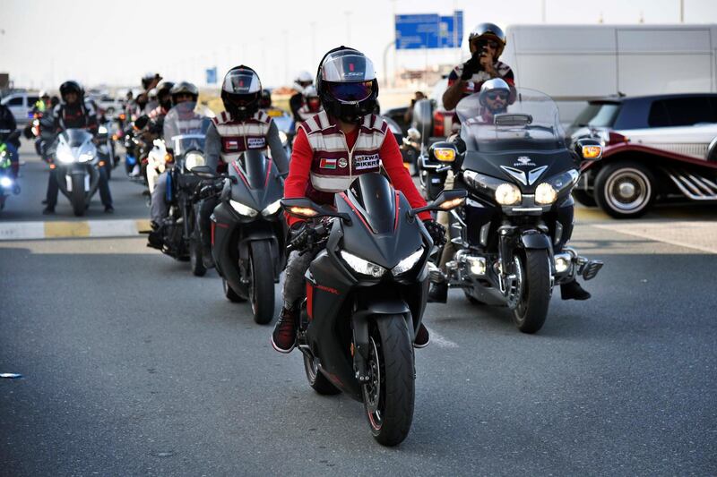 Izwa bikers group arrive to attend the 48th National Rally "Love Zayed" at the Harley Davidson showroom in Sharjah, UAE, Friday, Nov. 29, 2019. Shruti Jain The National