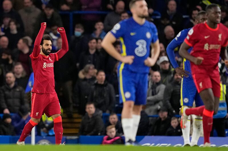 16. Salah celebrates another goal in the 2-2 draw at Chelsea on January 2. AP