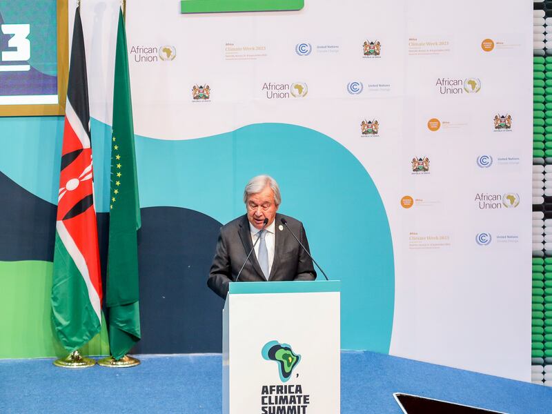 UN Secretary General Antonio Guterres speaks during the Africa Climate Summit in Nairobi. EPA