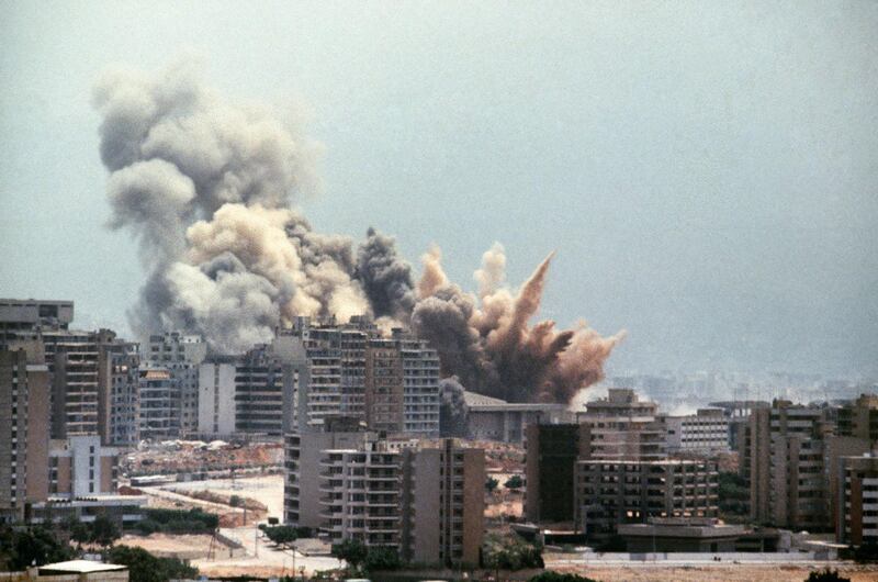 A photo dated 02 August 1982 of Israeli shelling on West Beirut.   AFP PHOTO DOMINIQUE FAGET (Photo by DOMINIQUE FAGET / AFP)