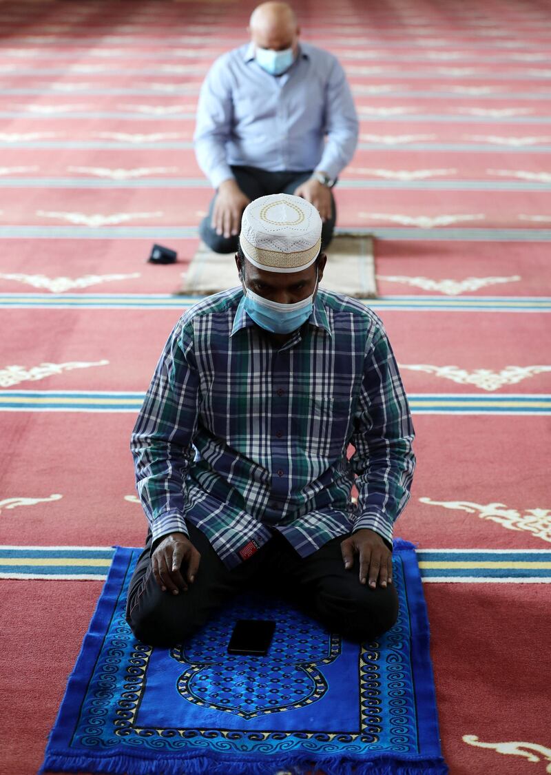 Dubai, United Arab Emirates - Reporter: N/A. News. Covid-19/Coronavirus. Midday prayers are performed at Al Farooq Omar Bin Al Khattab Mosque in Dubai. Wednesday, July 1st, 2020. Dubai. Chris Whiteoak / The National