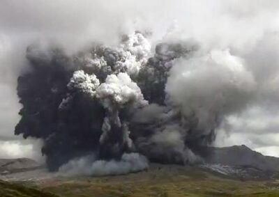 Ash and smoke billow from Mount Aso's eruption in Kumamoto Prefecture, southwestern Japan in October 2021. EPA