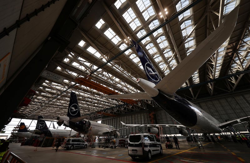 Airplanes of the German air carrier Lufthansa are seen inside a hangar for technical check-up to ensure planes keep up their safety standards despite being grounded for a month due to the outbreak of the coronavirus disease (COVID-19) in Frankfurt, Germany, July 30, 2020. REUTERS/Kai Pfaffenbach