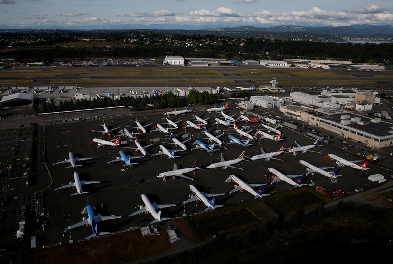 FILE PHOTO: Boeing 737 Max aircraft are parked in a parking lot at Boeing Field in this aerial photo taken over Seattle, Washington, U.S. June 11, 2020. REUTERS/Lindsey Wasson/File Photo