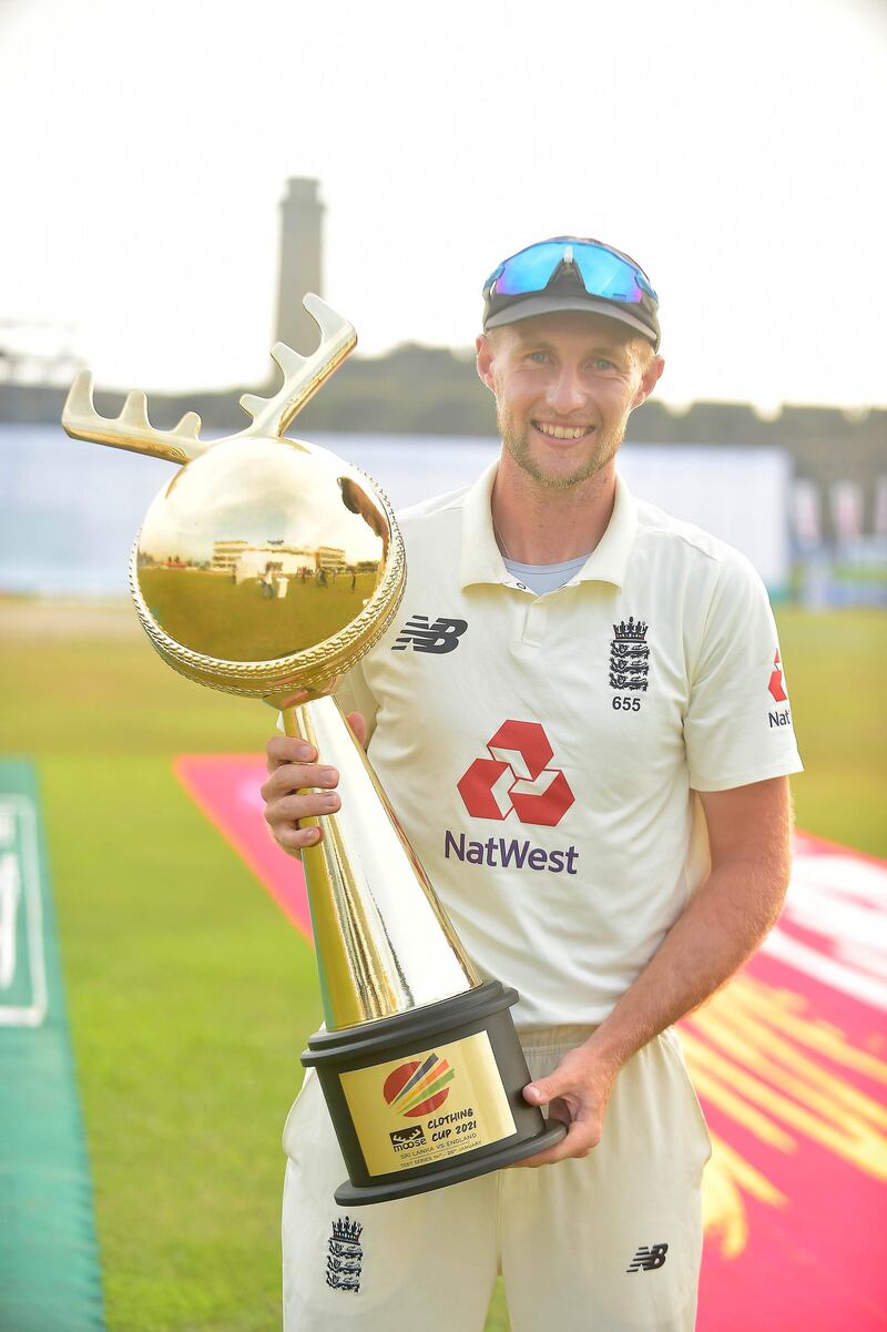 Joe Root, the England captain holds the 'Moose Clothing Cup 2021' trophy. Courtesy Sri Lanka Cricket