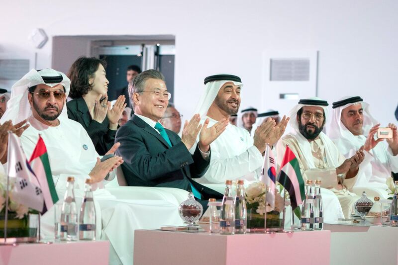 AL DHAFRA REGION, ABU DHABI, UNITED ARAB EMIRATES - March 26, 2018: HH Sheikh Mohamed bin Zayed Al Nahyan, Crown Prince of Abu Dhabi Deputy Supreme Commander of the UAE Armed Forces (3rd L) and HE Moon Jae-in, President of South Korea (2nd L), attend the Unit One Construction Completion Celebration, at Barakah Nuclear Energy Plant. Seen with HH Sheikh Hamdan bin Zayed Al Nahyan, Ruler’s Representative in Al Dhafra Region (L), HH Sheikh Tahnoon bin Mohamed Al Nahyan, Ruler's Representative in Al Ain Region (4th L) and HH Lt General Sheikh Saif bin Zayed Al Nahyan, UAE Deputy Prime Minister and Minister of Interior (R).

( Rashed Al Mansoori / Crown Prince Court - Abu Dhabi )
---