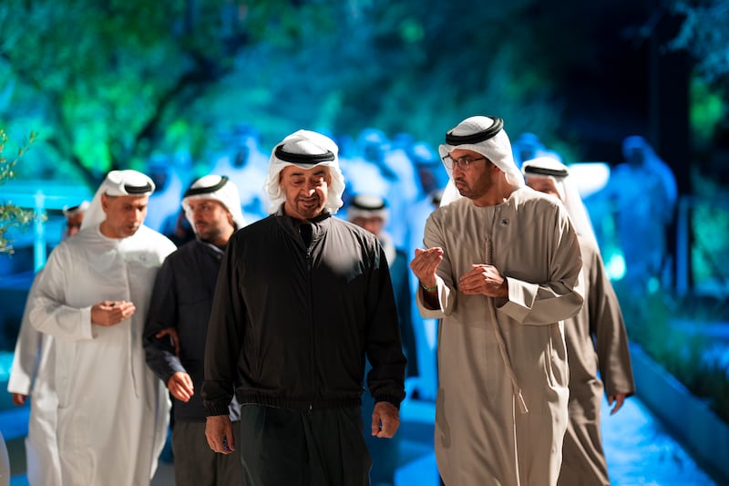 President Sheikh Mohamed and Dr Sultan Al Jaber, Minister of Industry and Advanced Technology, group chief executive of Adnoc and chairman of Masdar, attend the launch of the Mohamed bin Zayed Water Initiative at Niqa bin Ateej water tank and park in Khalidiyah. 