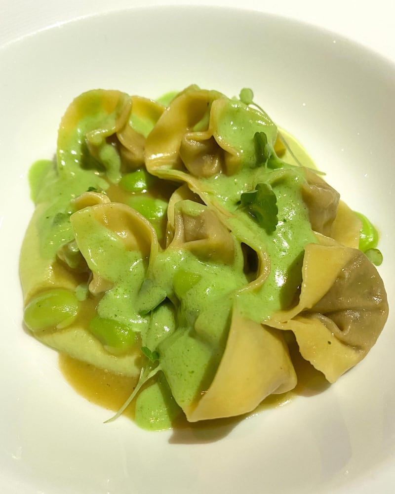 Beef cheek tortellini with wild garlic and fava beans at Social by Heinz Beck, Dubai