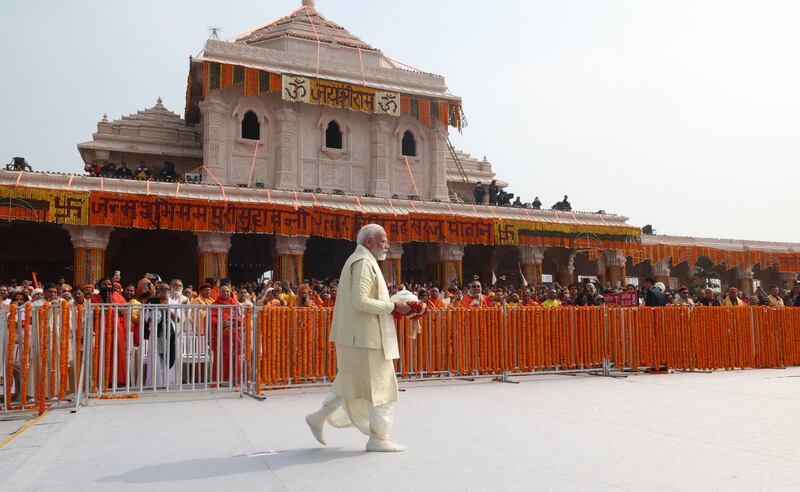 The ceremony, which was televised live, showed Mr Modi performing religious rituals inside the temple's sanctum. Photo: India's Press Information Bureau