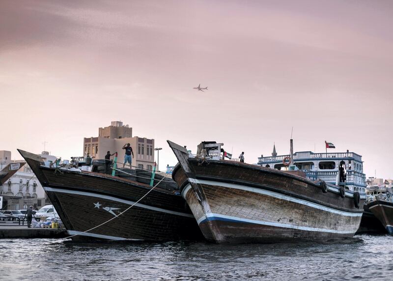 DUBAI, UNITED ARAB EMIRATES - JULY 10 2019.

Dhows unloading and loading items by Deira's Spice Market.

For many people, the creek (Khor) with its dhow moorings, abra water taxis, and souks is the very essence of the old city - the place where many things have started. 

For decades, Dubai Creek has been a hub of activity as traders bring in goods and sell their wares at the bustling markets nearby.


 
Photo by Reem Mohammed/The National)

Reporter: JOHN DENNEHY
Section: 