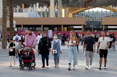 Visitors to the Dubai Expo 2020 on February 28, as the UAE dropped mandatory wearing of face masks outside. AFP
