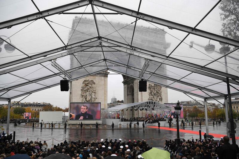 French President Emmanuel Macron delivers a speech during the ceremony. AFP