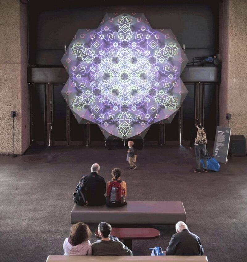 Numina by Zarah Hussain. Lumen Prize Shortlist 3D_Scuplture Award 2017. Numina combines designs found in the art and architecture of the Islamic world with contemporary digital arts, bringing to life a usually static artform by mapping animated geometric patterns onto a sculpture composed of tessellating pyramids arranged on a hexagonal grid.