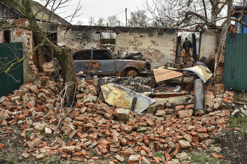 A destroyed garage in Ivanivka. EPA