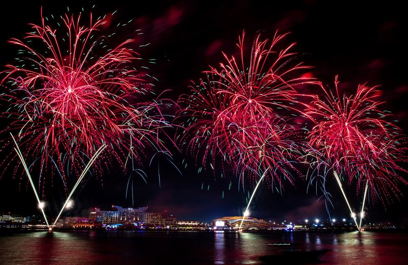 Colourful fireworks light up the sky above the new waterfront destination on Yas Island. 