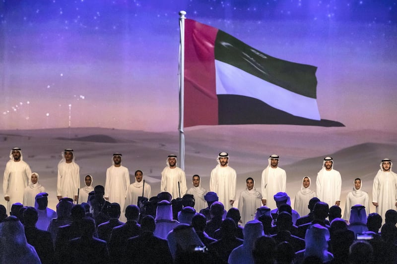 ABU DHABI, UNITED ARAB EMIRATES. 13 JANUARY 2020. The Zayed Sustainability Awards held at ADNEC as part of Abu Dhabi Sustainability Week. Colour option of the opening of the ceremony where the UAE National Anthem was sung. (Photo: Antonie Robertson/The National) Journalist: Kelly Clarker. Section: National.


