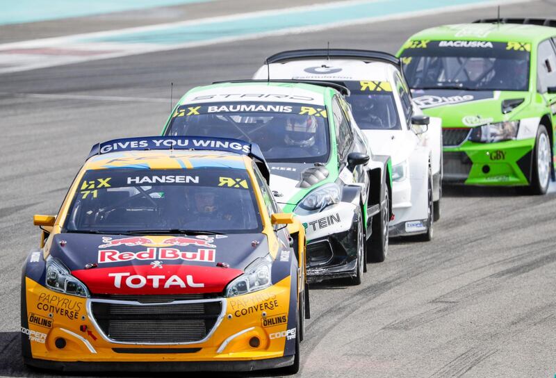 Abu Dhabi, April 6,2019.  FIA World Rallycross Championship at the Abu Dhabi, YAS Marina Circuit. -- First official race.  --  Kevin Hansen leads the group in his Peugeot.
Victor Besa/The National.
Section:  SP
Reporter:  Amith Passela