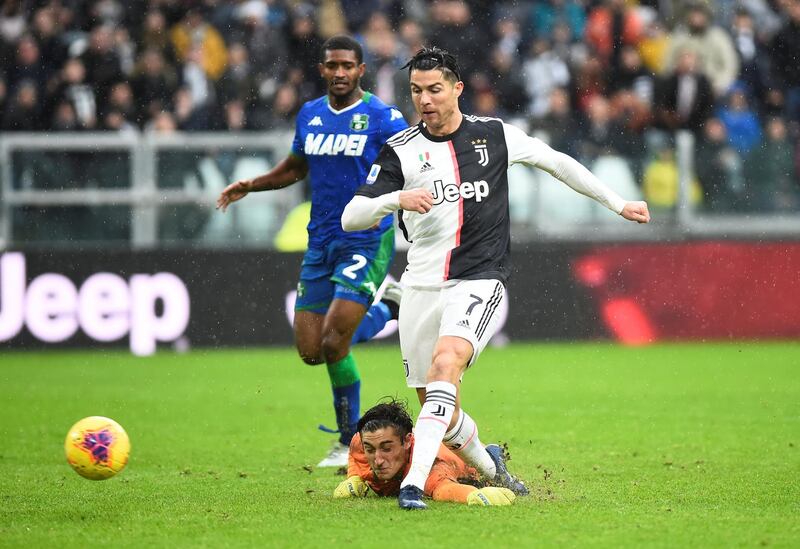 Juventus' Cristiano Ronaldo scores a disallowed goal. Reuters