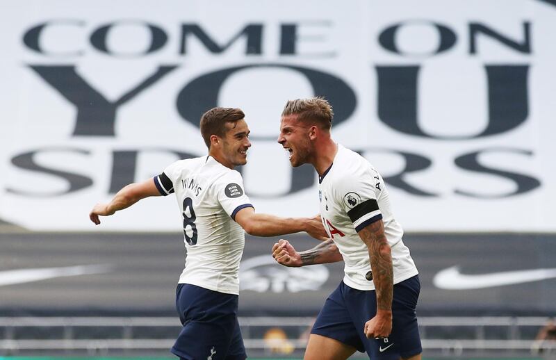 Soccer Football - Premier League - Tottenham Hotspur v Arsenal - Tottenham Hotspur Stadium, London, Britain - July 12, 2020 Tottenham Hotspur's Toby Alderweireld celebrates scoring their second goal with Harry Winks, as play resumes behind closed doors following the outbreak of the coronavirus disease (COVID-19)  Tim Goode/Pool via REUTERS  EDITORIAL USE ONLY. No use with unauthorized audio, video, data, fixture lists, club/league logos or "live" services. Online in-match use limited to 75 images, no video emulation. No use in betting, games or single club/league/player publications.  Please contact your account representative for further details.