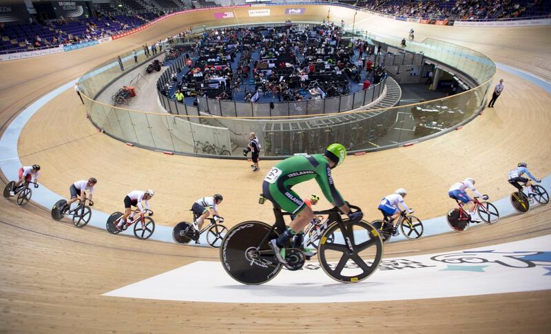 Felix English looks down on the rest of the field on his way to winning the men's scratch race final at the UCI Track Cycling World Cup at the Sir Chris Hoy Velodrome, Glasgow, on Sunday, November 10. PA