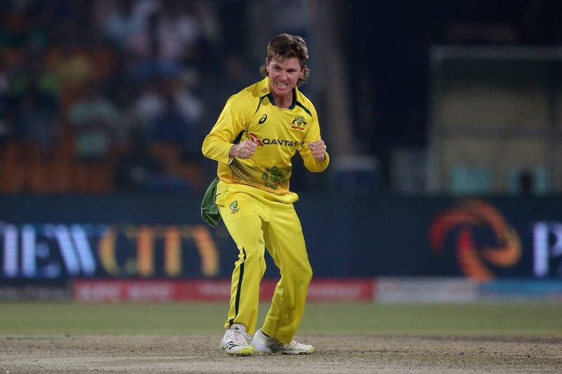 Australia's Adam Zampa celebrates after taking wicket of Pakistan's Mohammad Rizwan. AP 