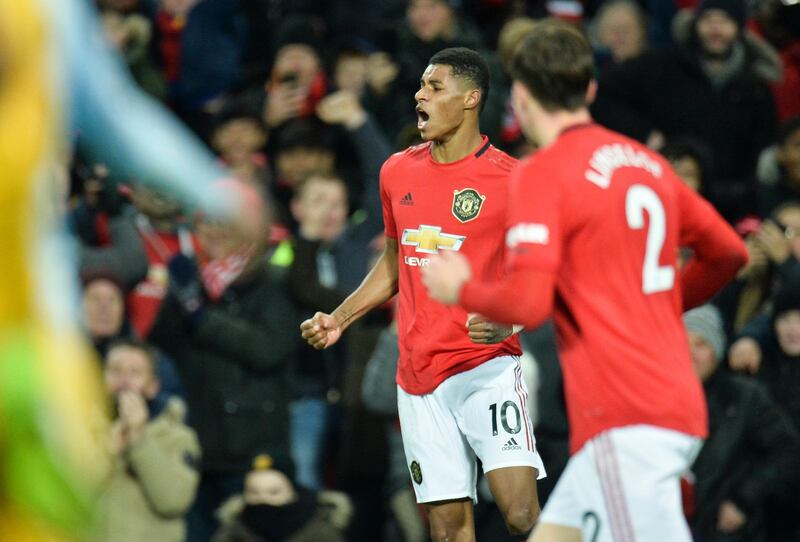 Manchester United's Marcus Rashford  reacts after scoring to make it 1-1. EPA